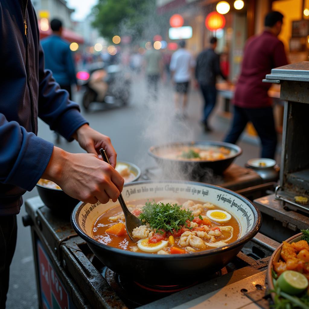 A street food vendor in Hanoi preparing a delicious crab dish, showcasing the authentic local culinary experience.