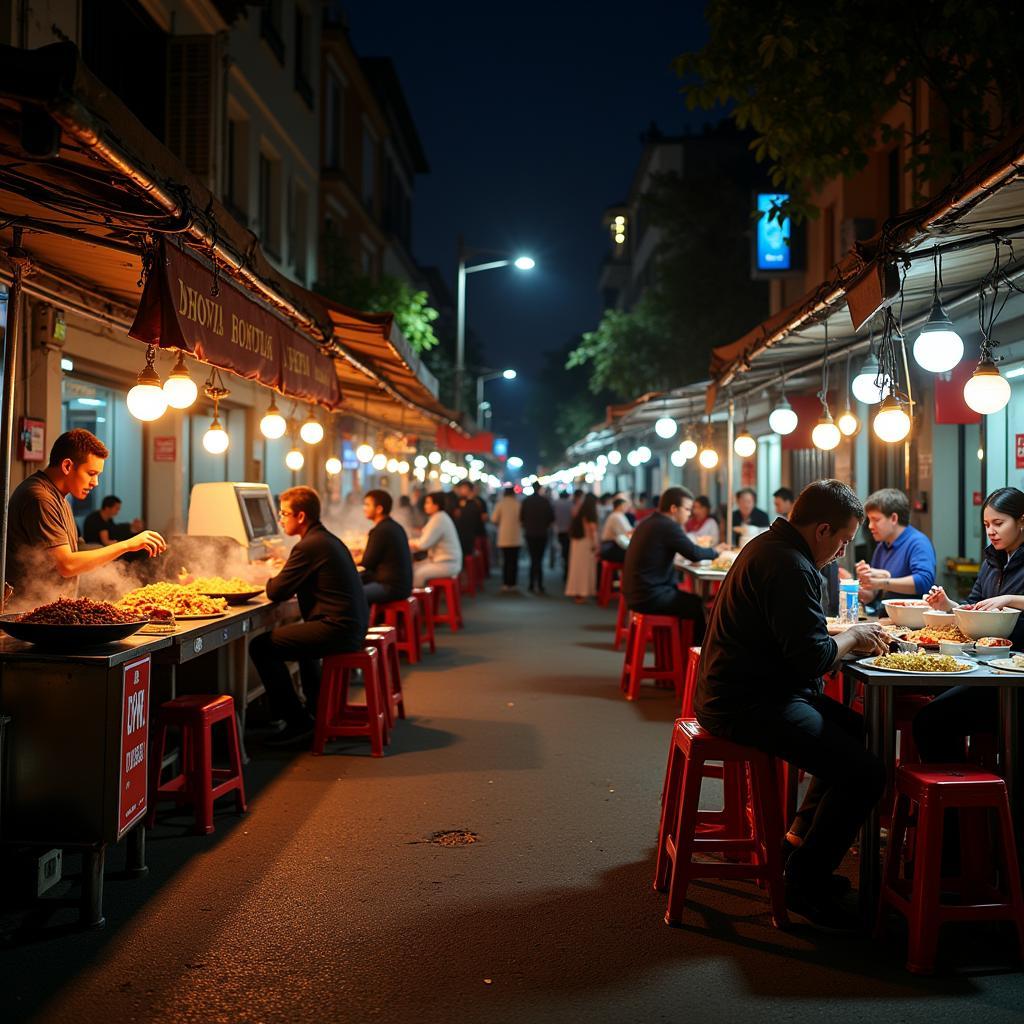 Hanoi street food dinner scene with various vendors and diners.