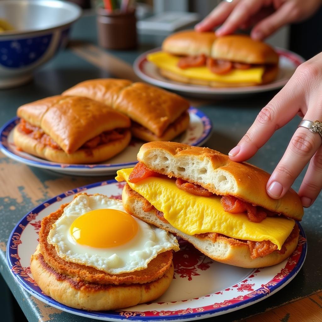 Hanoi street food egg dishes like banh goi and banh mi trung op la.