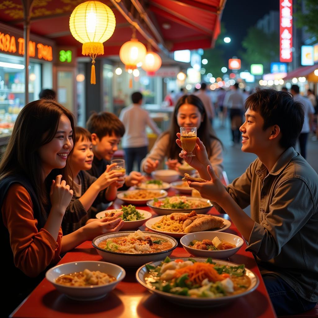 Hanoi street food scene with family enjoying a meal