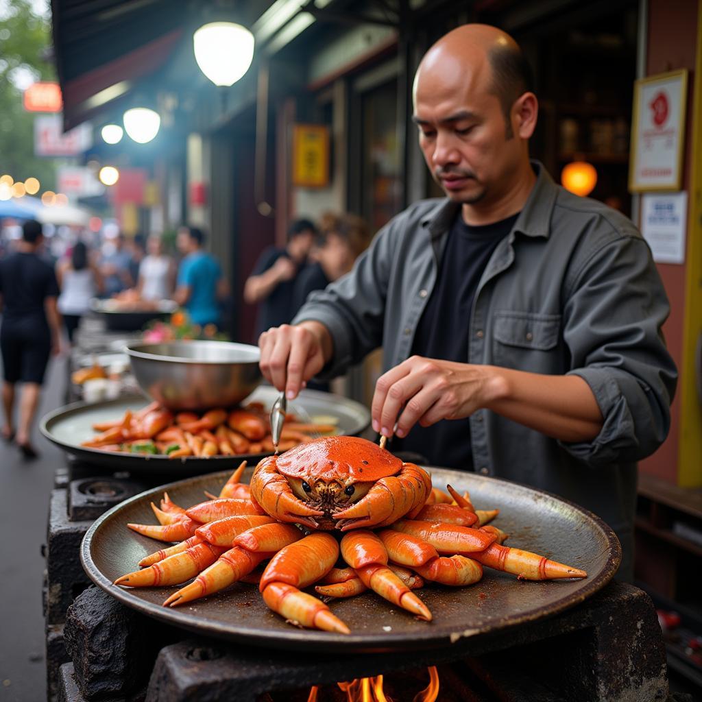 Street Food Vendor Preparing Field Crab Dishes in Hanoi