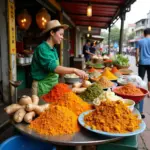 Hanoi street food stalls offering ingredients for knee pain relief.