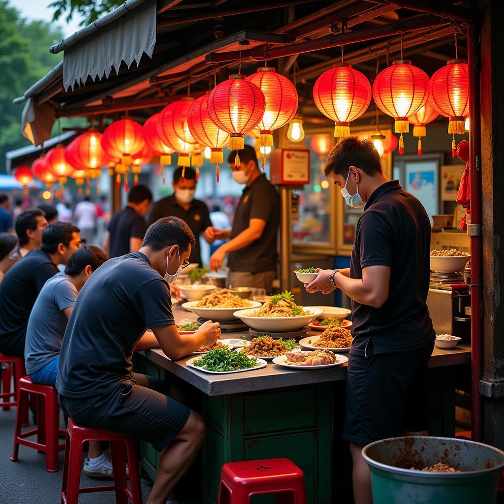 Street food vendors preparing traditional dishes during the Lunar New Year celebrations in Hanoi.