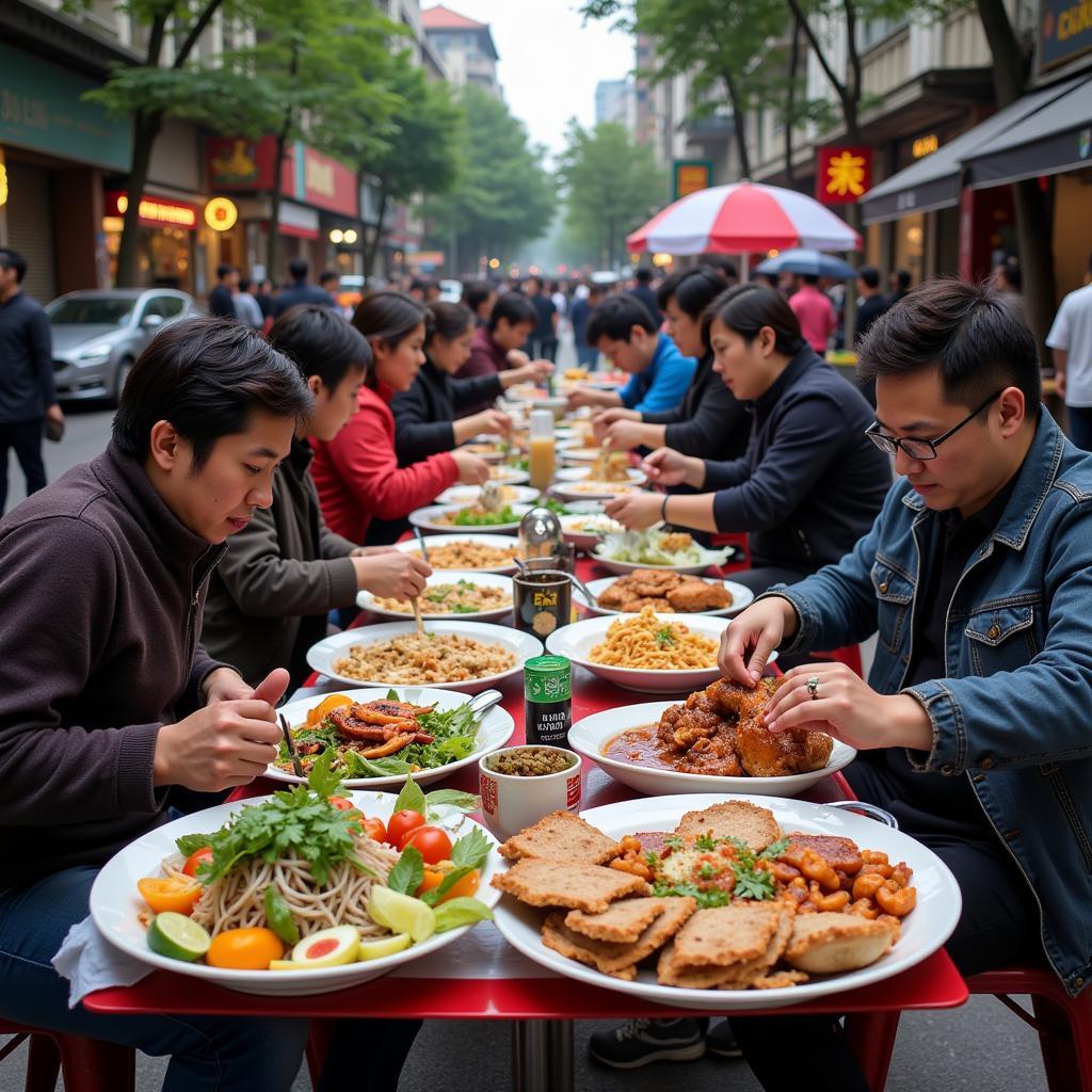 Hanoi street food lunch scene with various vendors and dishes