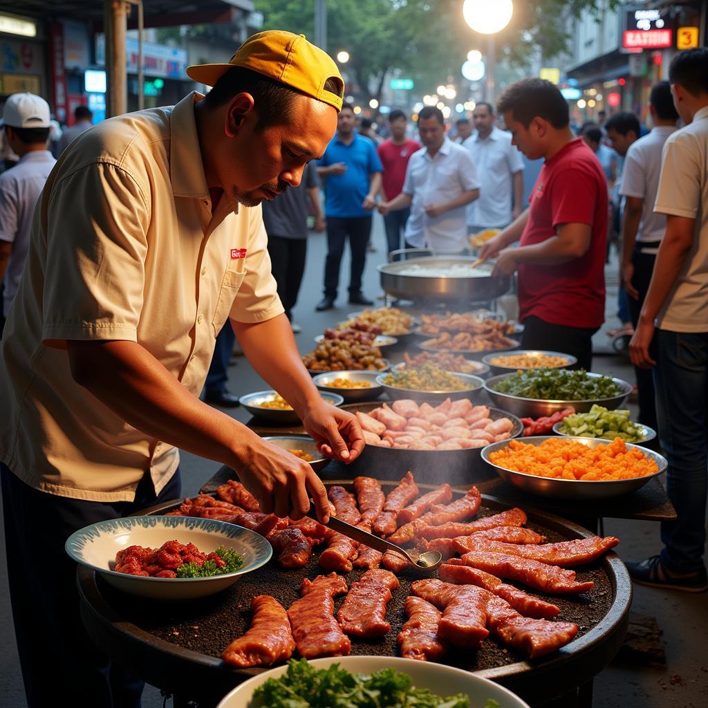 Hanoi street food: A vibrant scene depicting a street food vendor preparing various meat dishes.