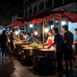 Hanoi street food vendors at night offering diverse culinary options.