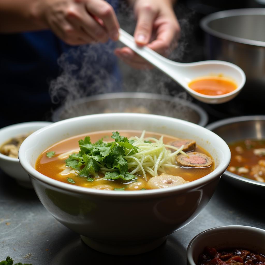 A Delicious Bowl of Pho Being Prepared at a Street Food Stall in Hanoi