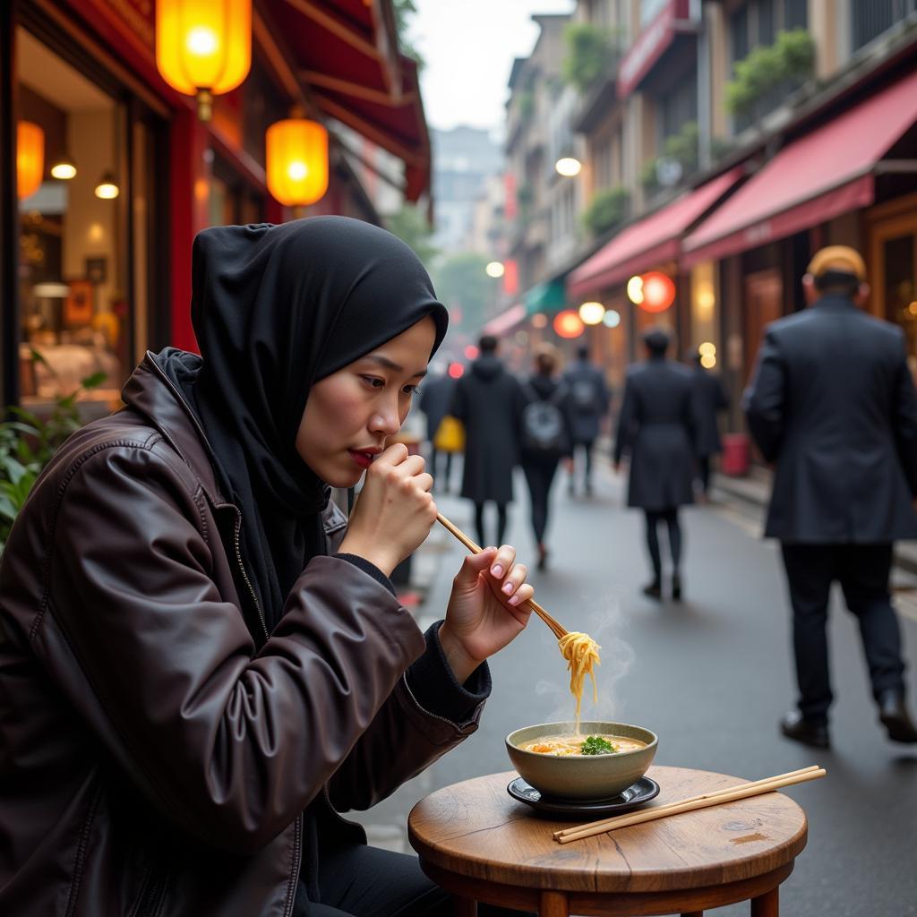 Enjoying a bowl of Pho in Hanoi Old Quarter