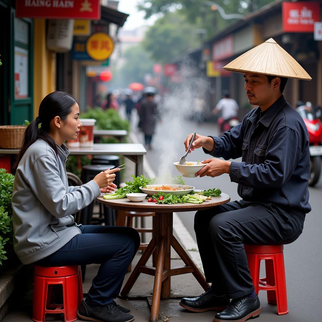 Hanoi street vendor serving a steaming bowl of pho to a customer