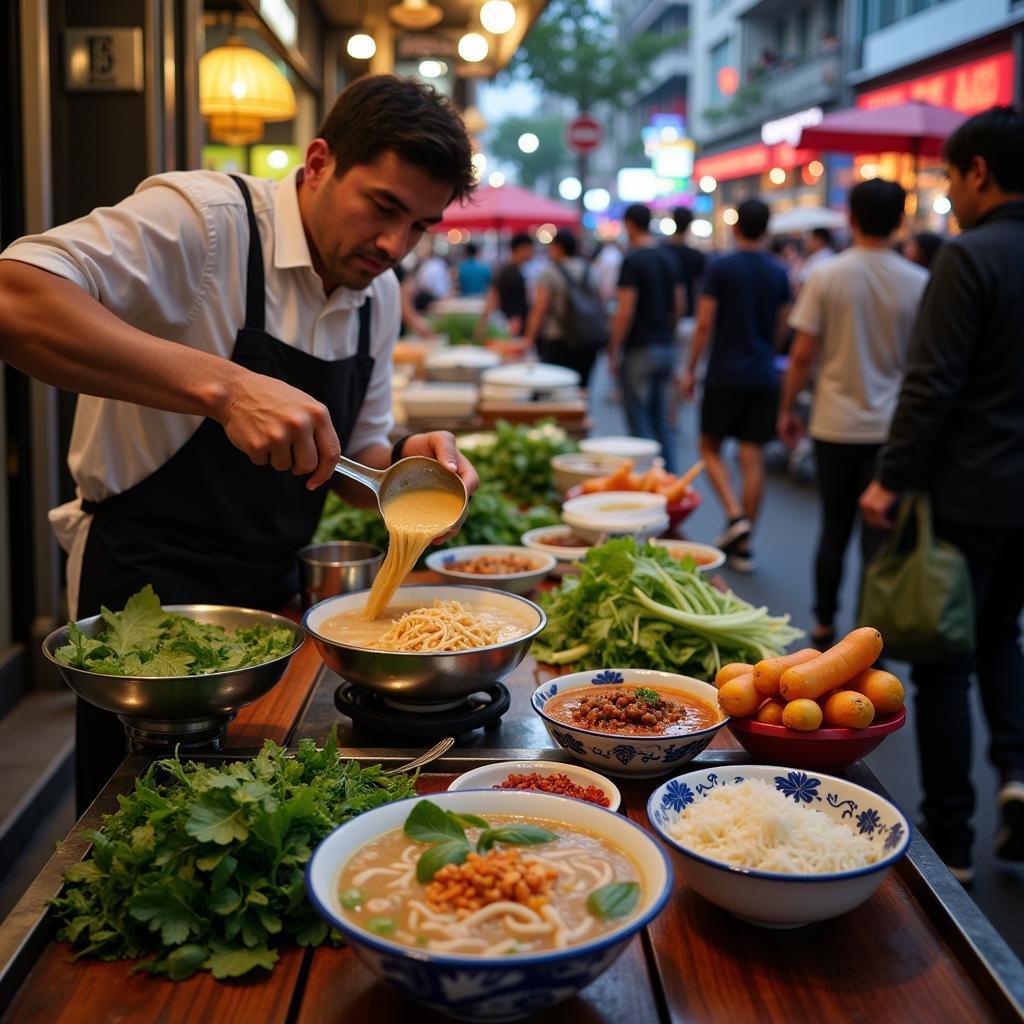 Hanoi Street Food Pho: A vibrant image depicting a bustling street food stall serving steaming bowls of Pho in Hanoi.