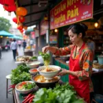 Hanoi street food vendor serving a bowl of pho