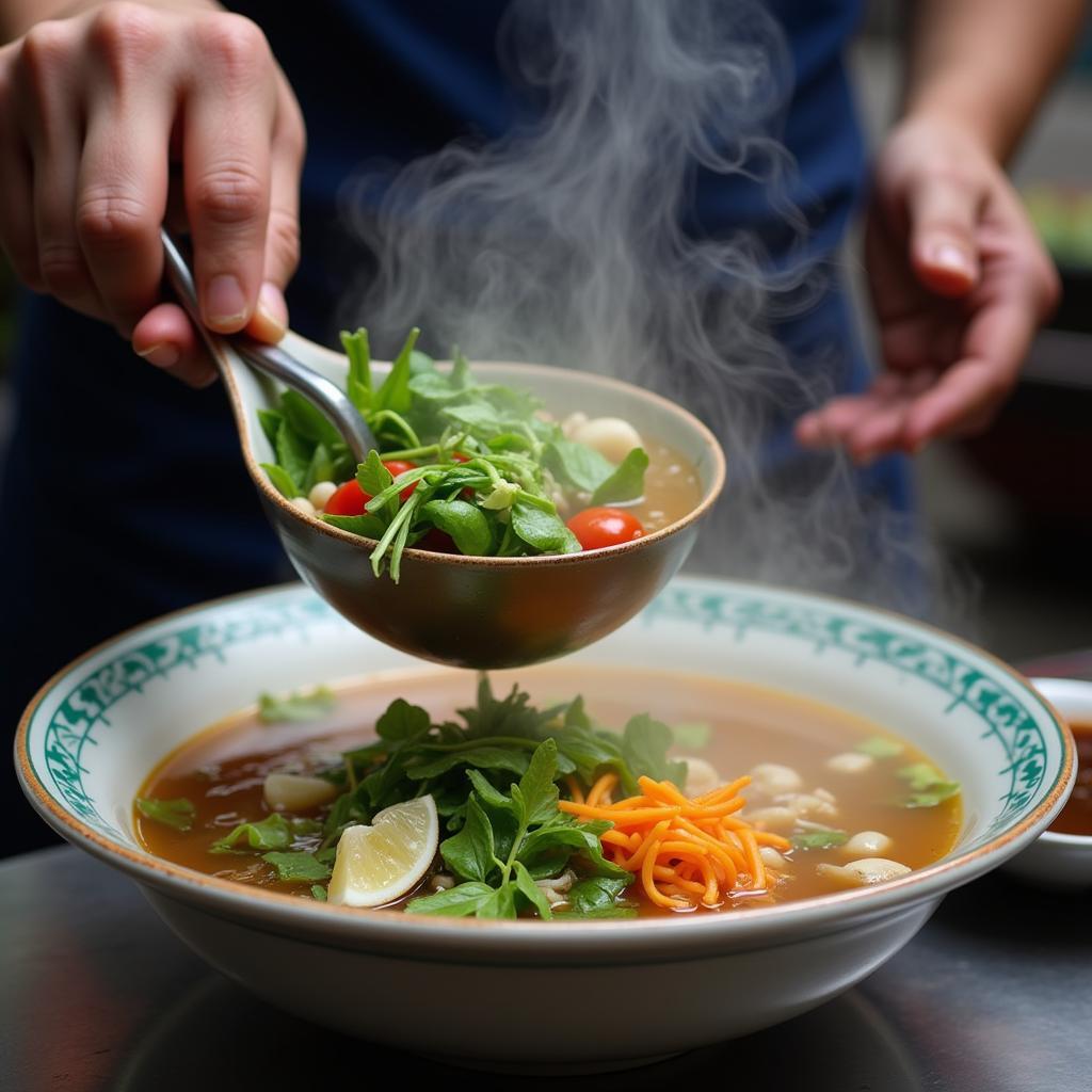 Street vendor serving a bowl of steaming pho in Hanoi