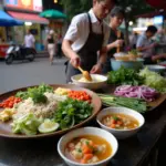 Street food vendor preparing a bowl of pho, Hanoi's signature dish.