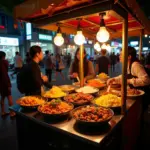 Capturing the vibrant atmosphere of Hanoi's street food scene at night with colorful dishes and bustling crowds.