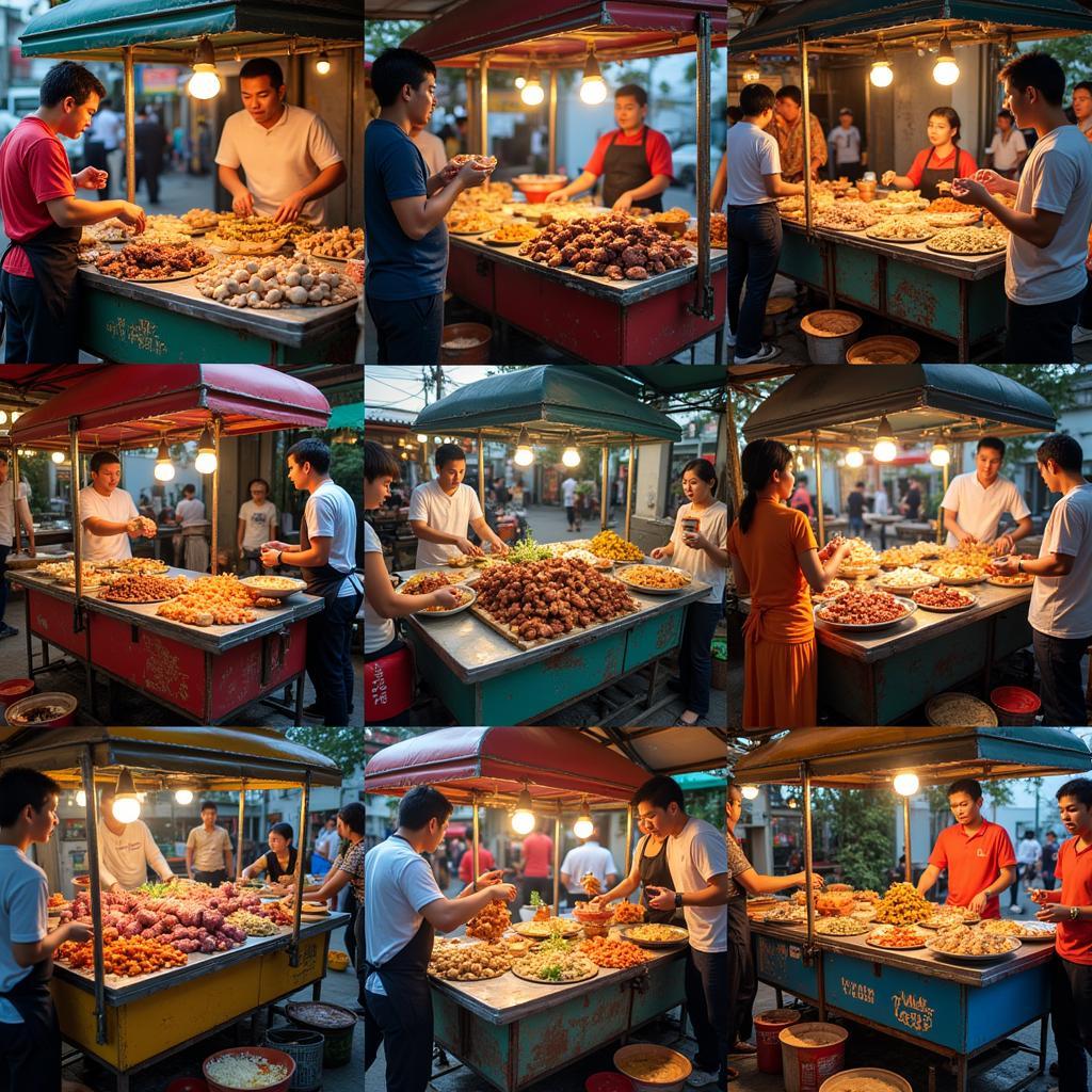 Hanoi street food vendors serving various rustic pork dishes