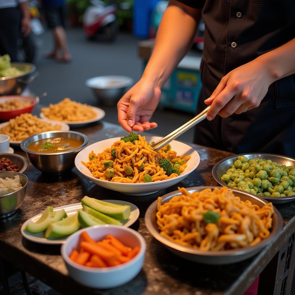 Hanoi street food raw photography: A photographer captures the vibrant colors and textures of a street food vendor's offerings in RAW format.