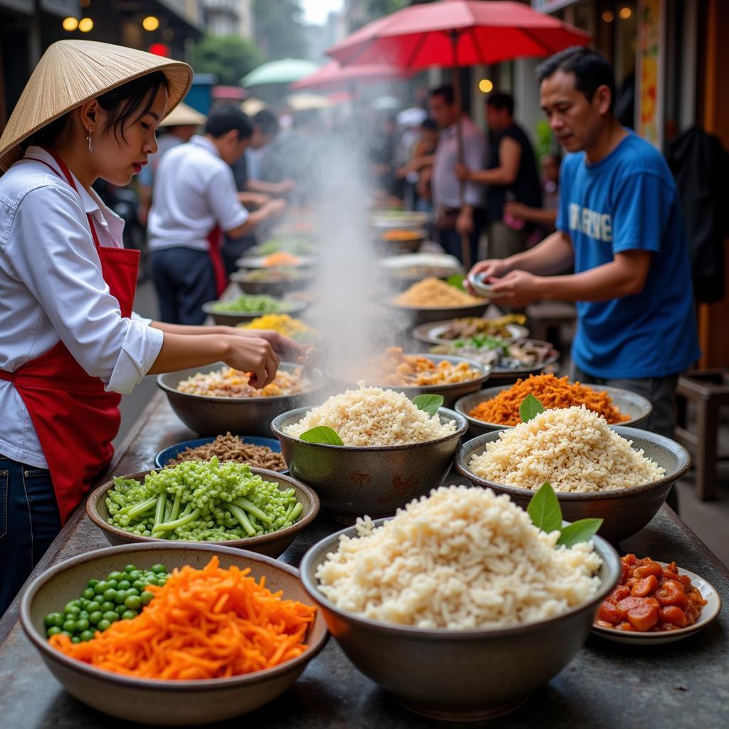 Hanoi street food vendors selling various rice dishes like pho and bun cha.