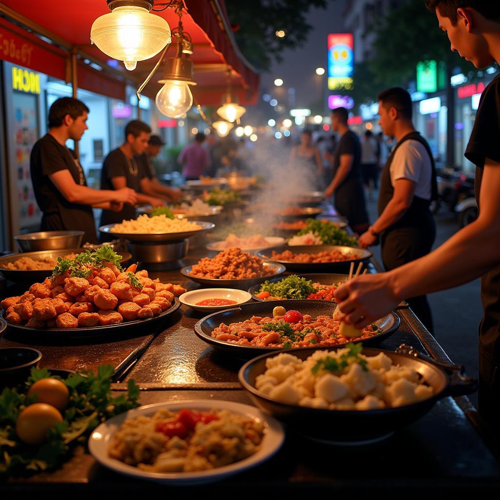 Hanoi street food vendors preparing and serving various dishes on a bustling Saturday night.