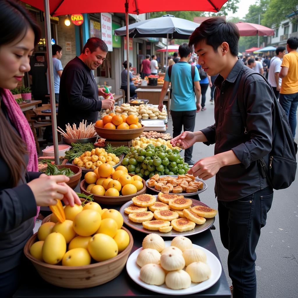 Vibrant Hanoi street food scene with various healthy options