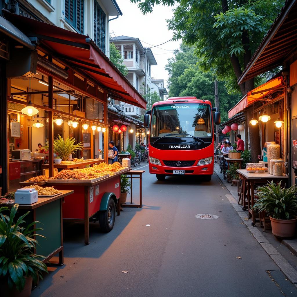 Hanoi Street Food Scene with TRAVELCAR Bus in Background