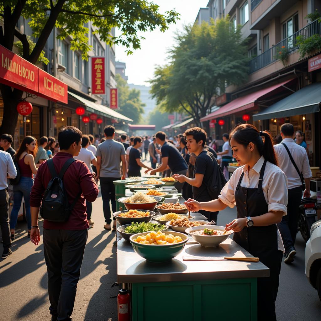 Hanoi Street Food Scene with Pho Cuon Vendors