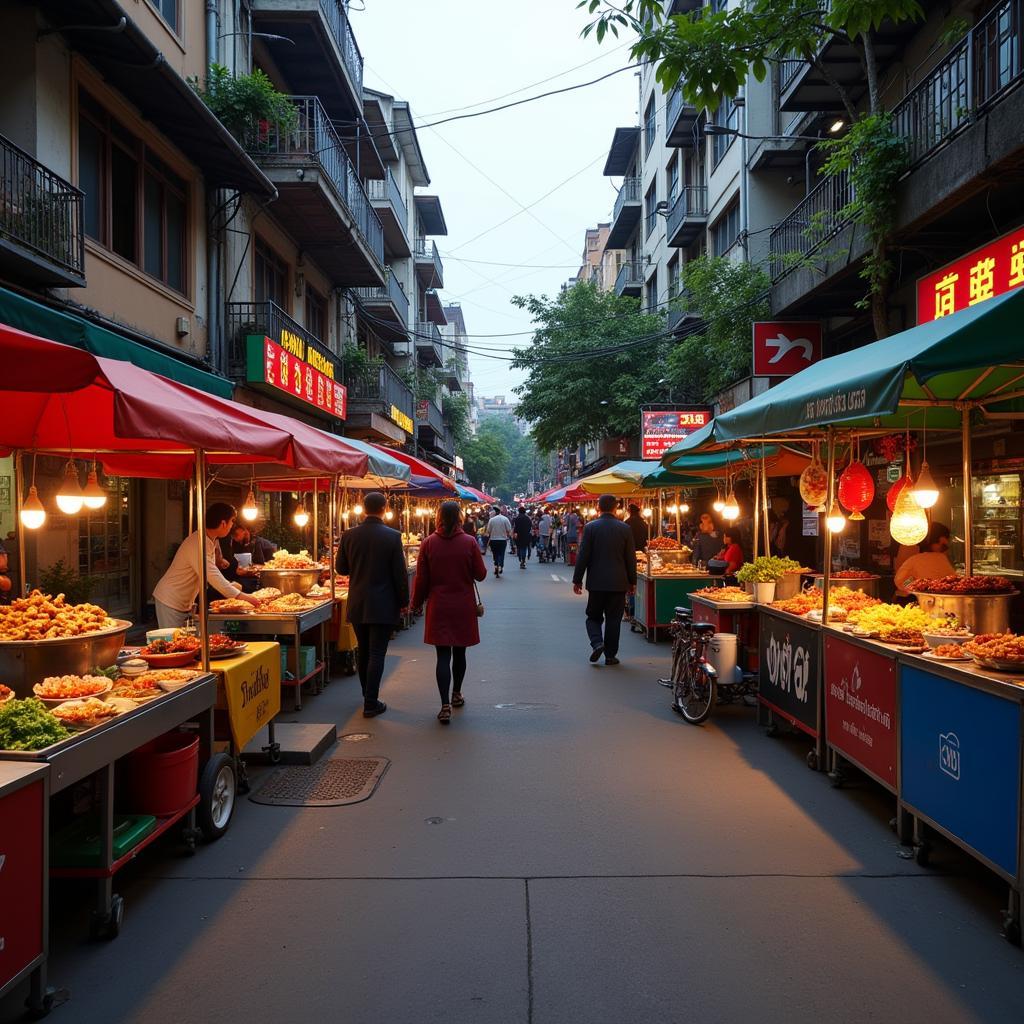 Vibrant street food scene in Hanoi with various vendors and dishes