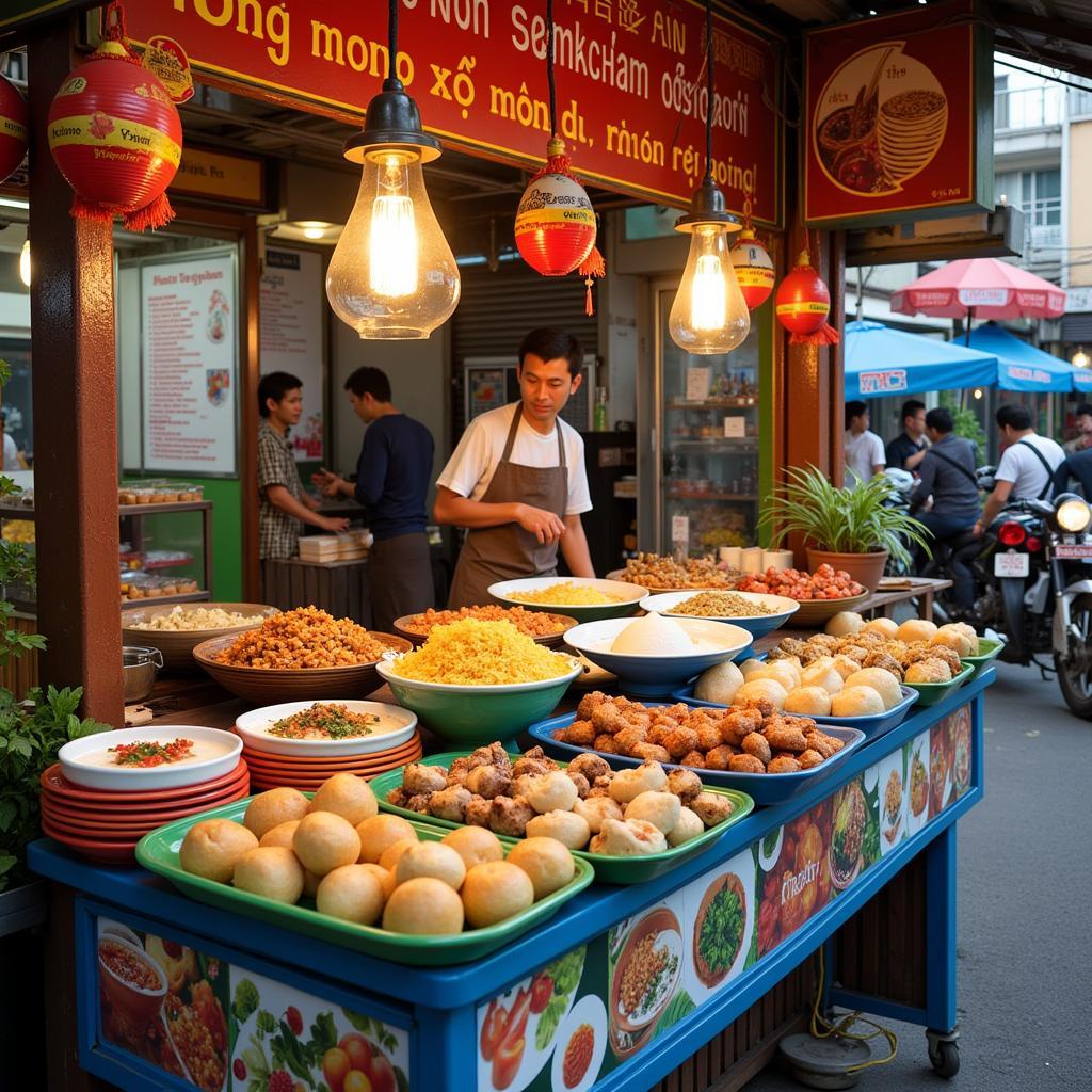 Choosing sore-throat-friendly street food in Hanoi.