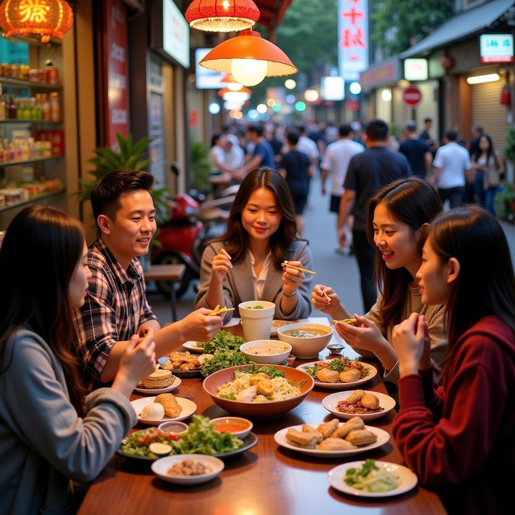 Students enjoying street food in Hanoi