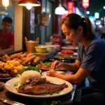 Enjoying braised tuna at a Hanoi street food stall