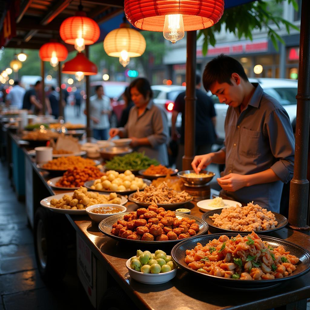 Hanoi street food scene with vendors selling various unpredictable dishes