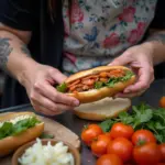 A street vendor in Hanoi expertly prepares a banh mi, showcasing the traditional method of assembling the sandwich.