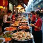 Hanoi street food vendors bustling with activity, offering a wide array of dishes