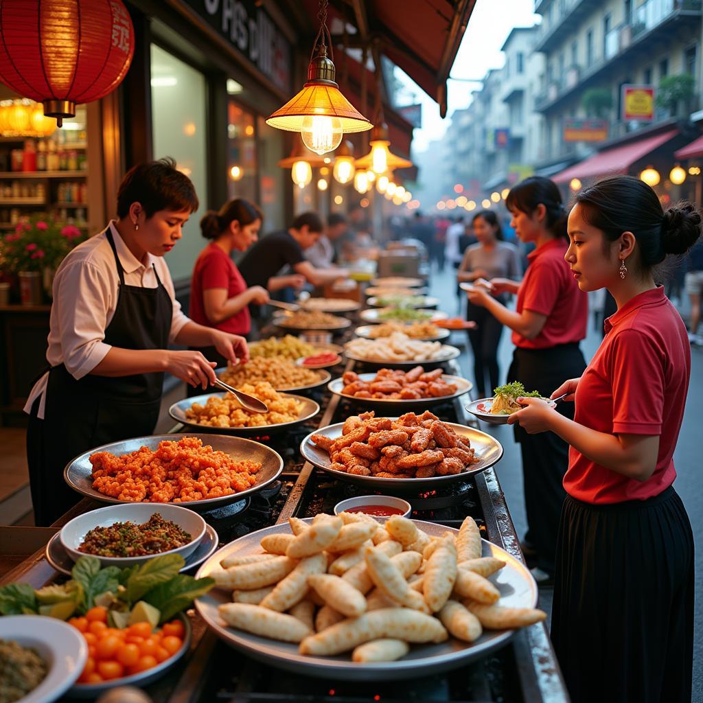 Hanoi street food vendors bustling with activity, offering a wide array of dishes