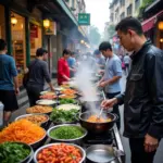 Hanoi street food vendors preparing and selling a variety of delicious and affordable dishes.