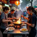 Hanoi street food vendors preparing and serving various dishes.