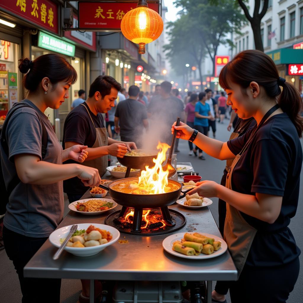 Hanoi street food vendors preparing and serving various dishes.