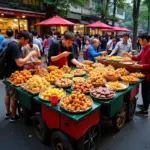 Hanoi street food vendors selling banh mi, pho, and bun cha.