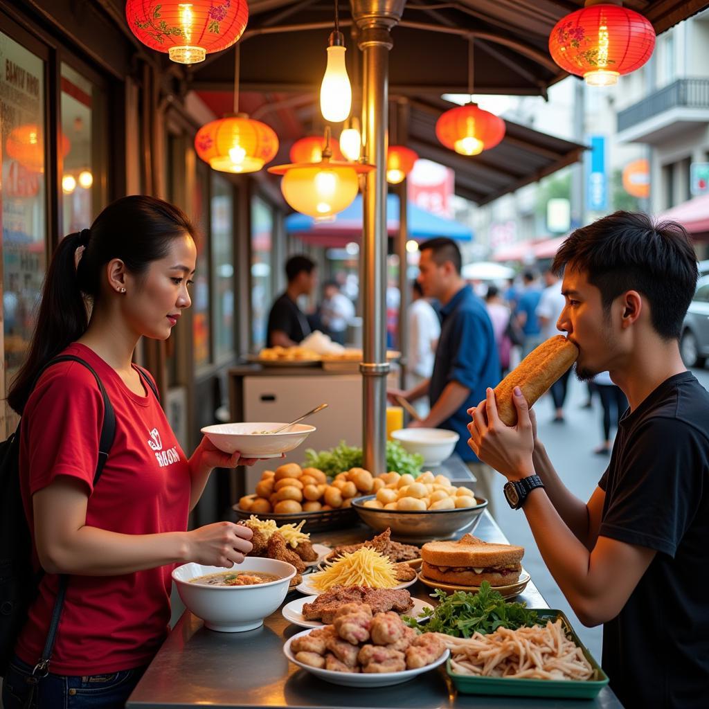 Hanoi street food vendors selling pho, banh mi, and bun cha