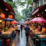 Hanoi street food vendors selling various local delicacies.