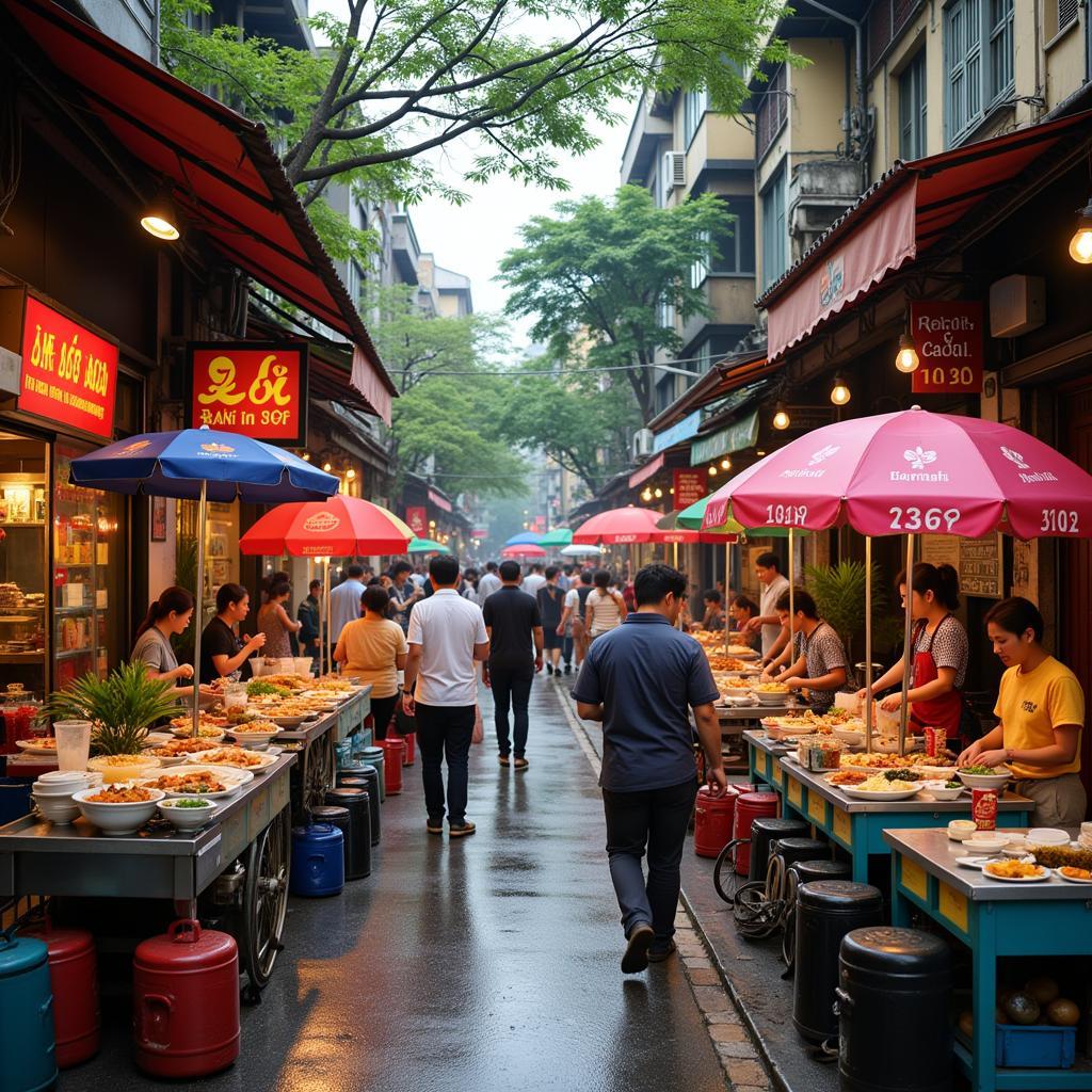 Hanoi street food vendors selling various local delicacies.