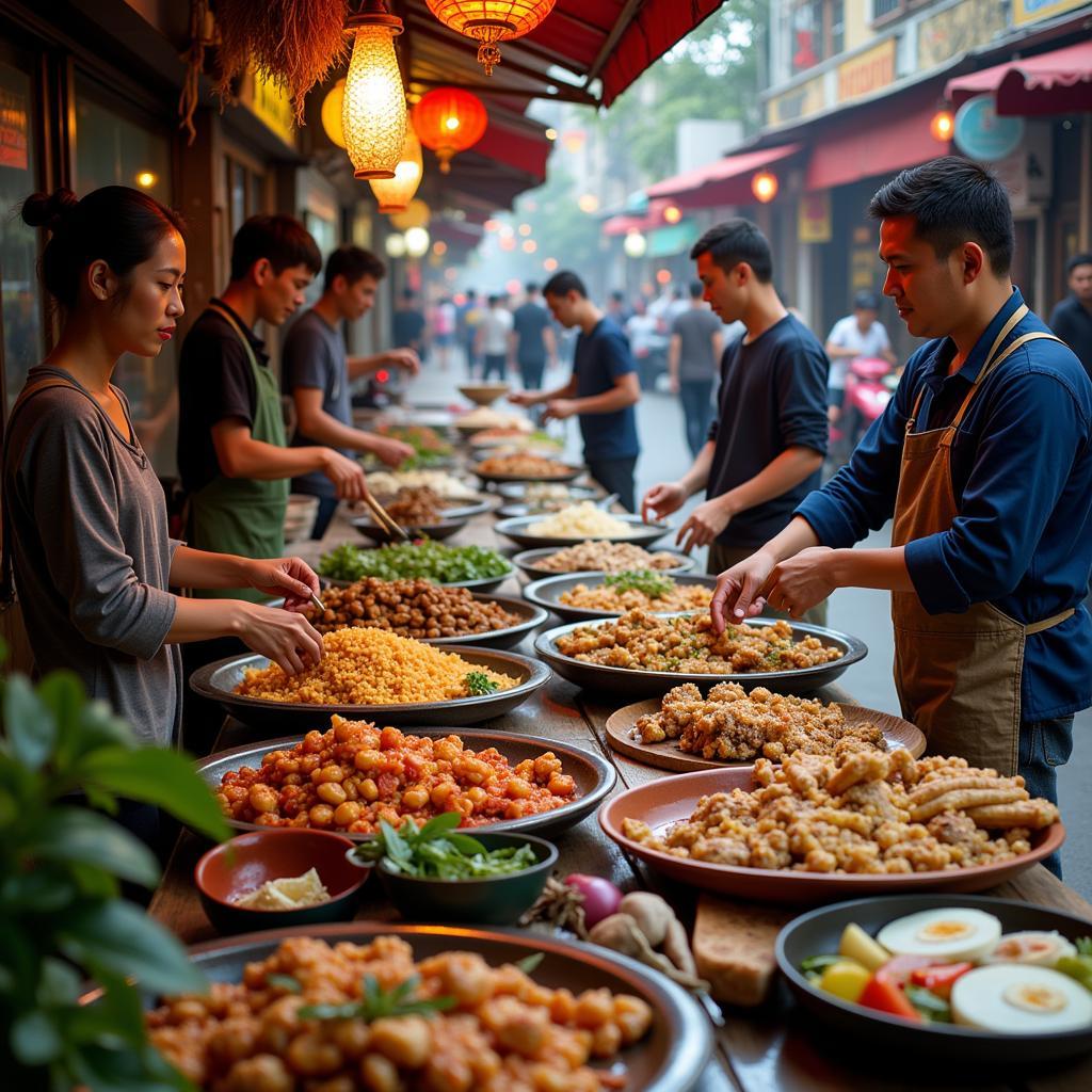 Hanoi street food vendors selling various local dishes