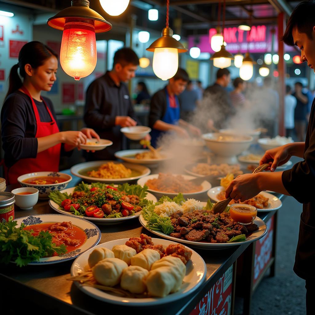 Hanoi Street Food Vendors with Various Dishes