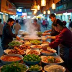 Hanoi street food vendors preparing and serving various dishes.