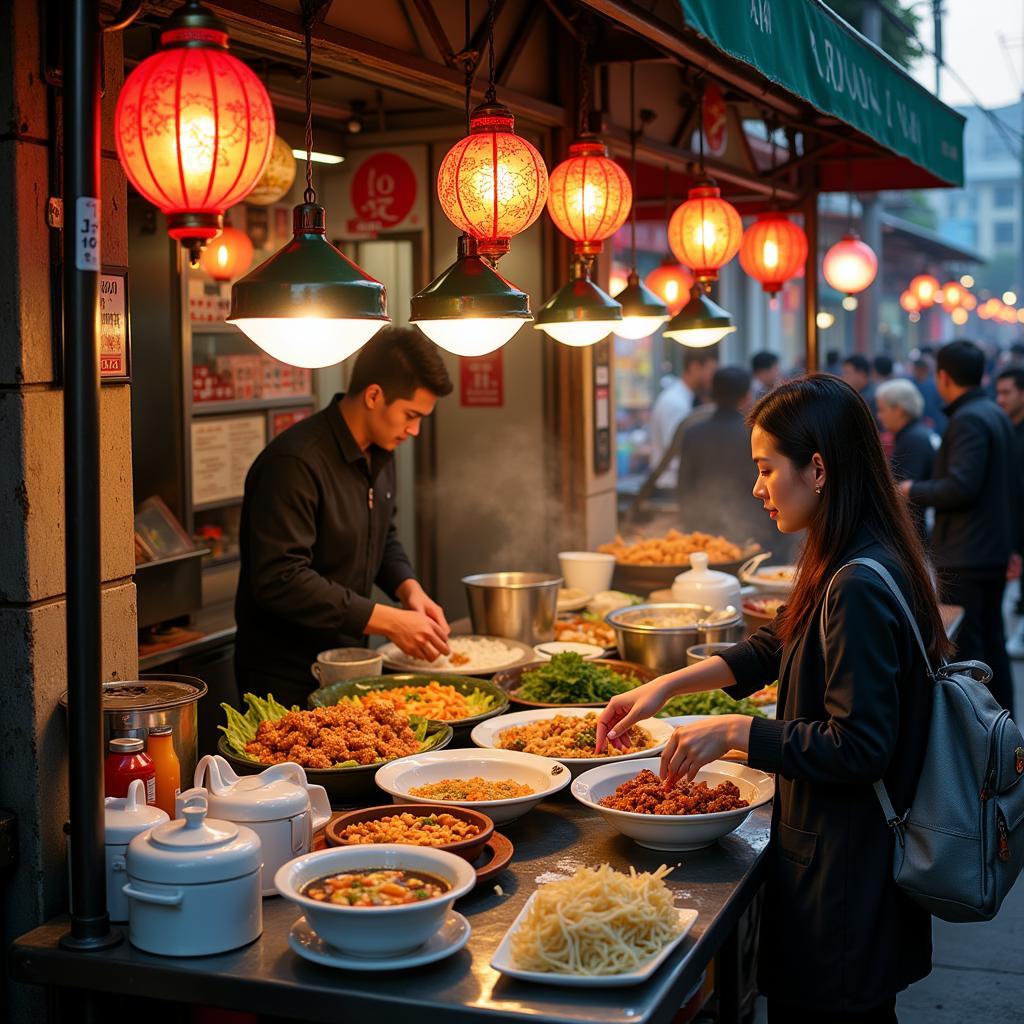 Hanoi street food vendors preparing and serving various traditional dishes.