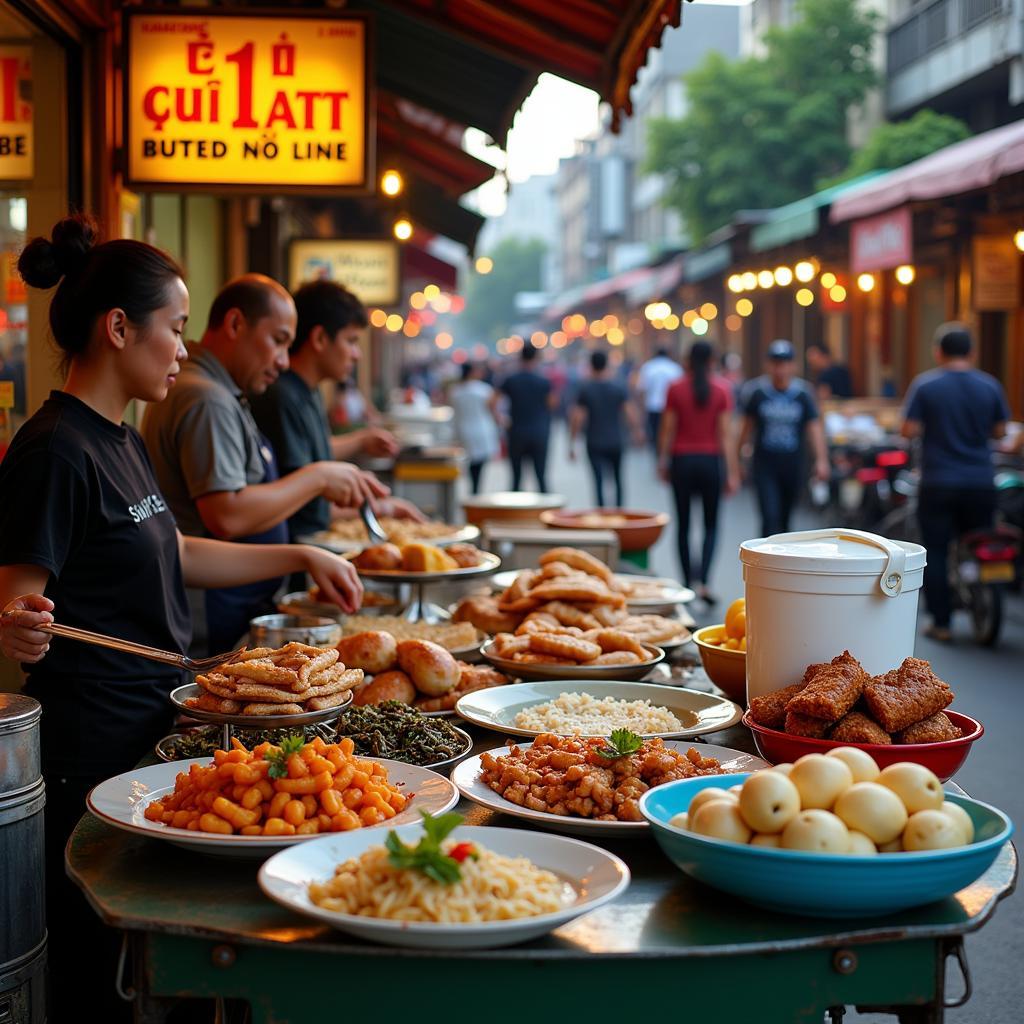 Hanoi Street Food Vendors: Busy street scene with various food stalls offering bánh mì, phở, and other local delicacies.