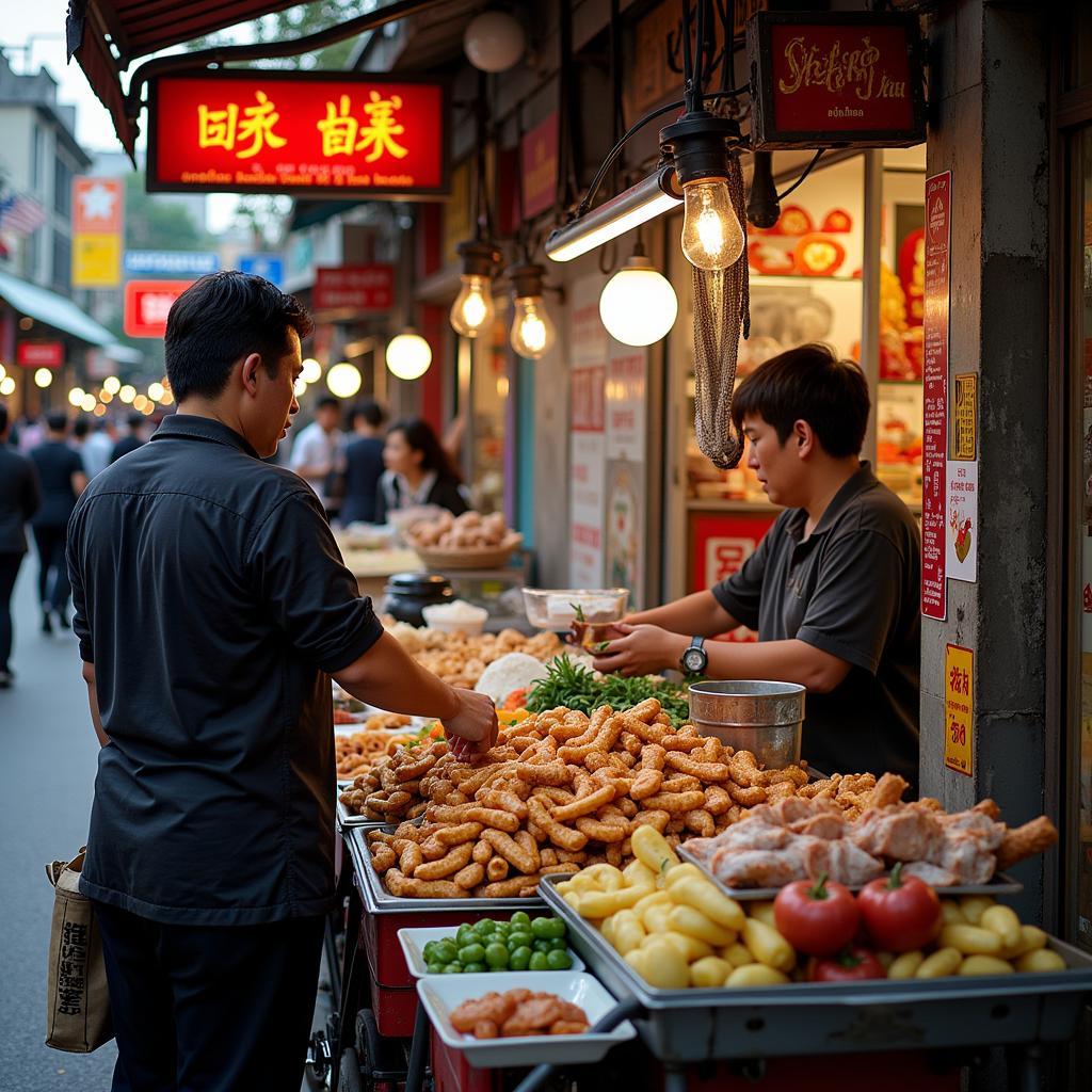 Hanoi Street Food Vendors: Busy street food stalls selling fresh and colorful dishes.