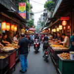 Hanoi Street Food Vendors with Motorbikes and Colorful Signs