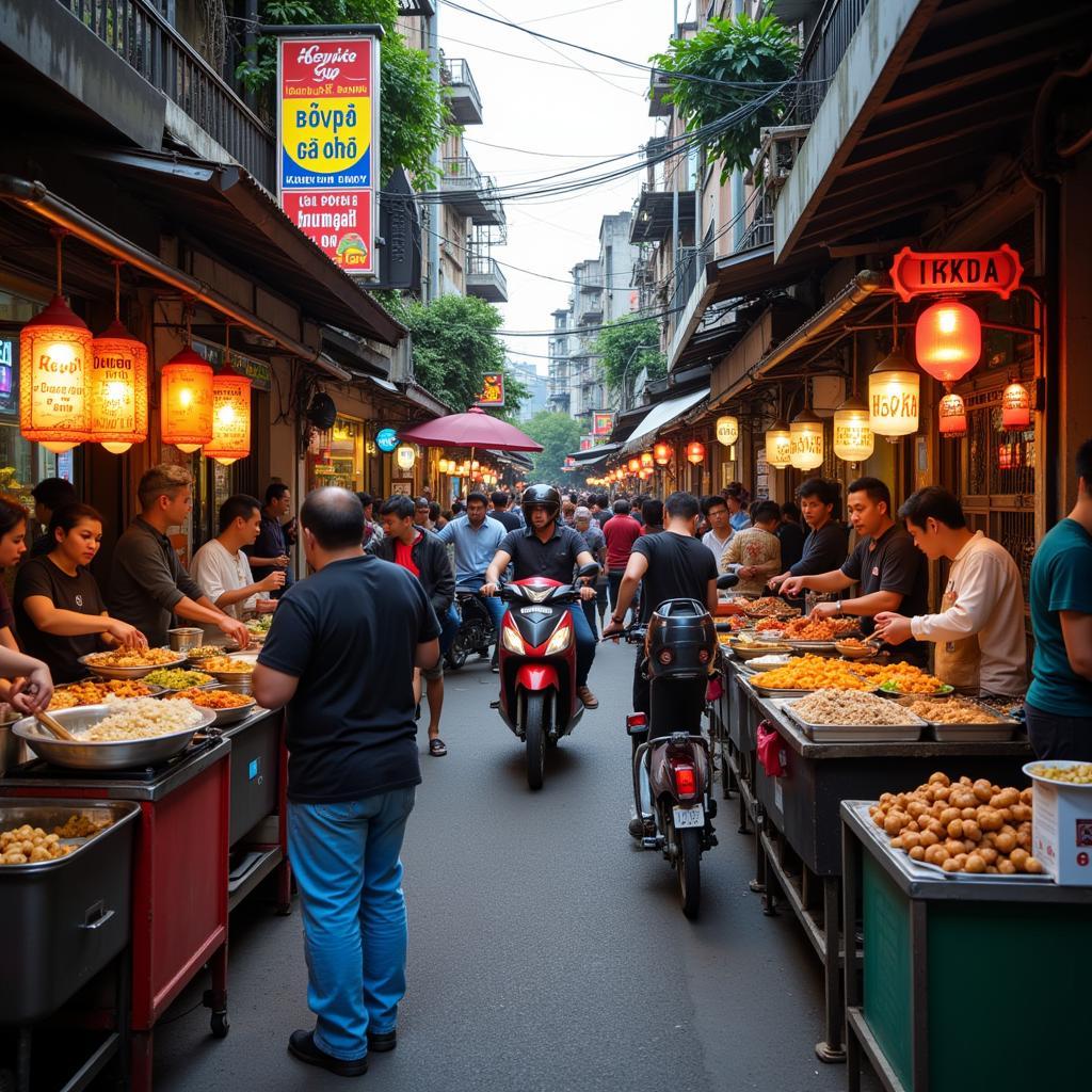 Hanoi Street Food Vendors with Motorbikes and Colorful Signs