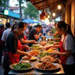 Hanoi Street Food Vendors bustling with activity, offering a wide array of feedy mon an vat delights.