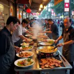 Hanoi street food vendors preparing and selling various dishes